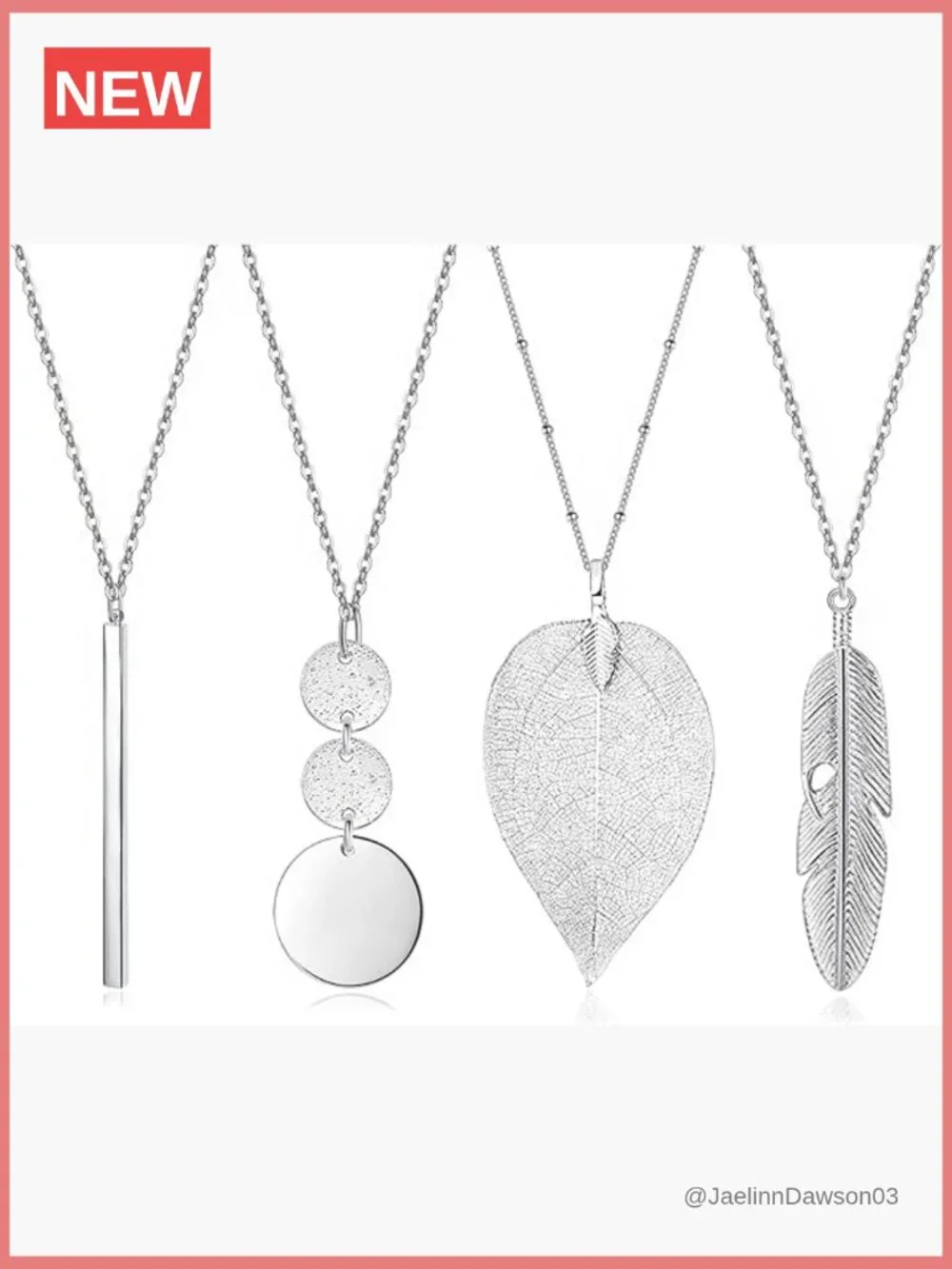 4-Piece Long Pendant Necklace Set with Bar Feather Circle Leaf Charms for Women